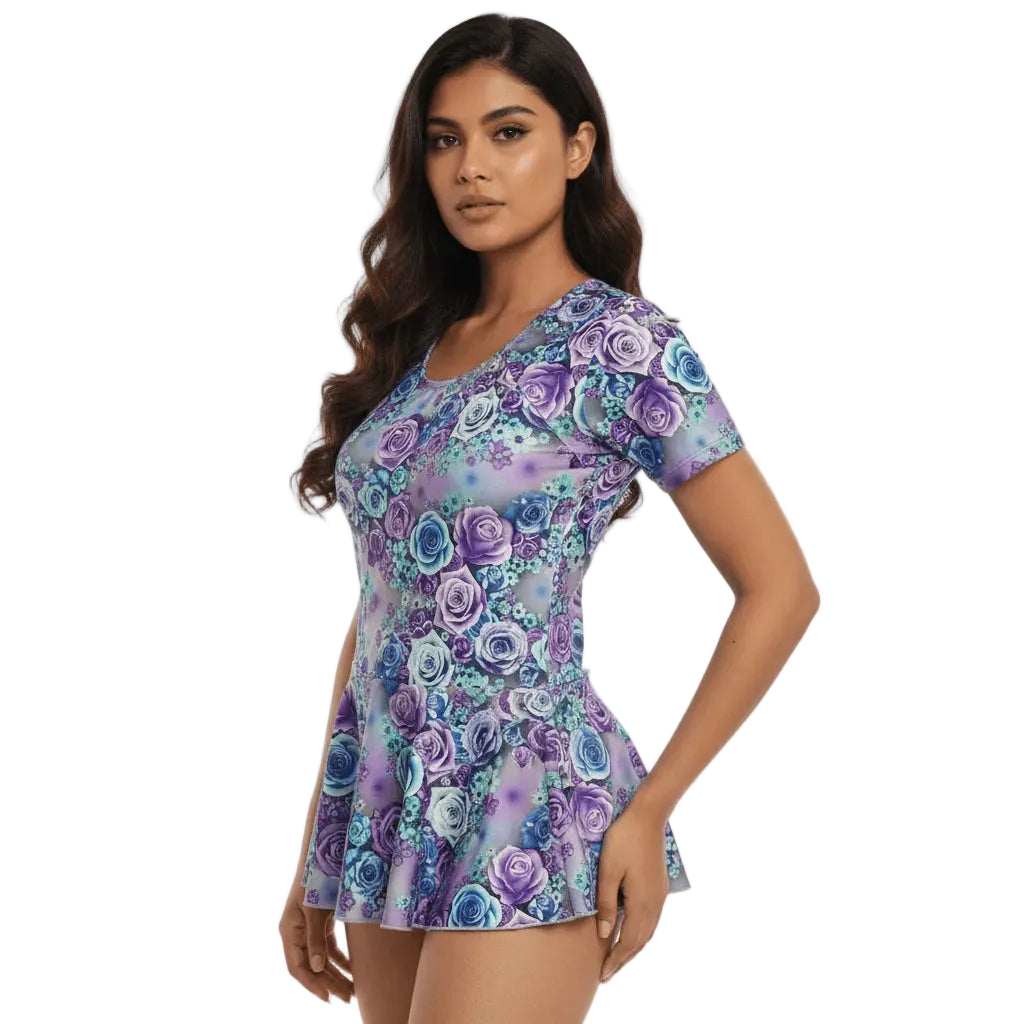 Woman wearing a floral dress with a white background