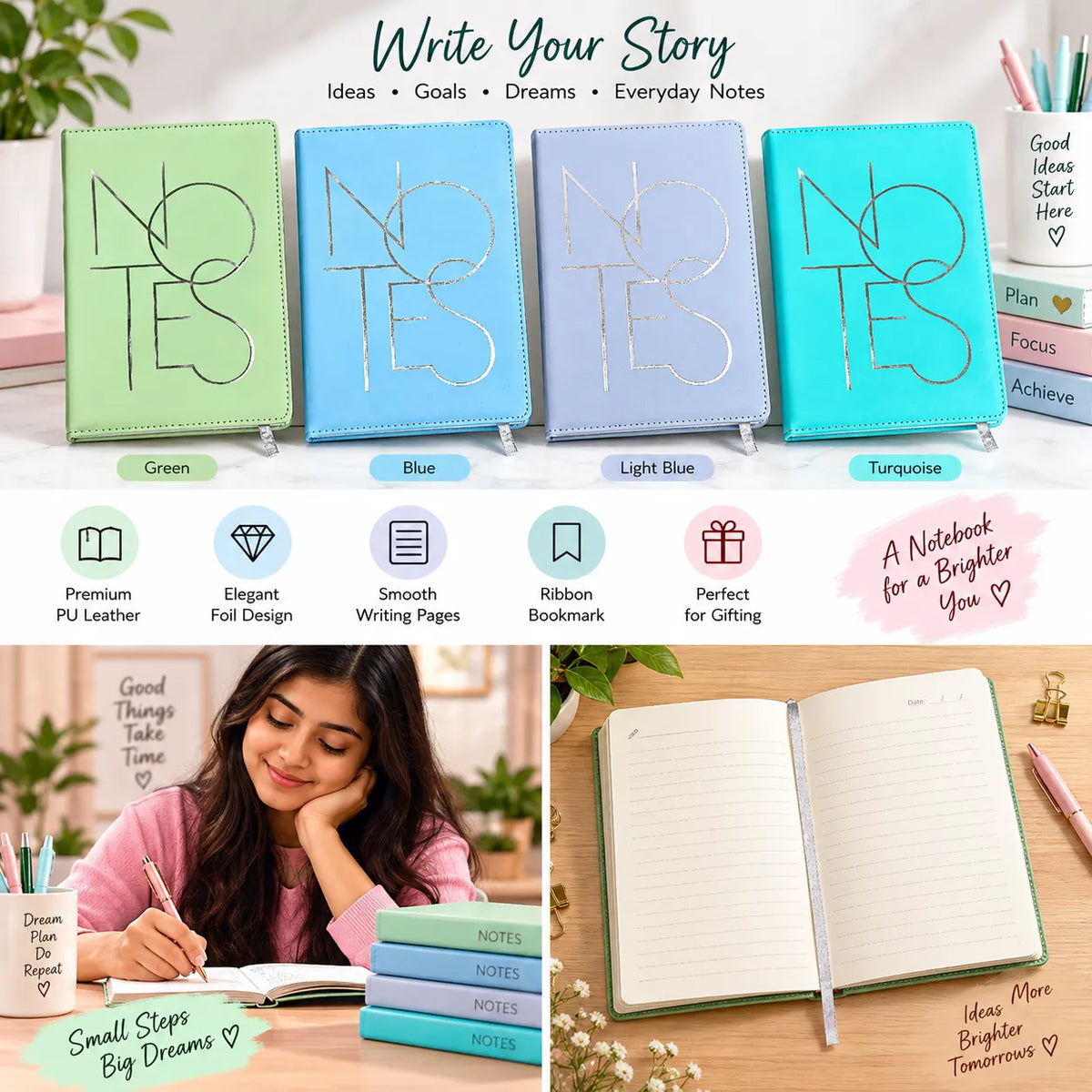 Stylish Lined Notebook with Ribbon Bookmark | Geometric Diary