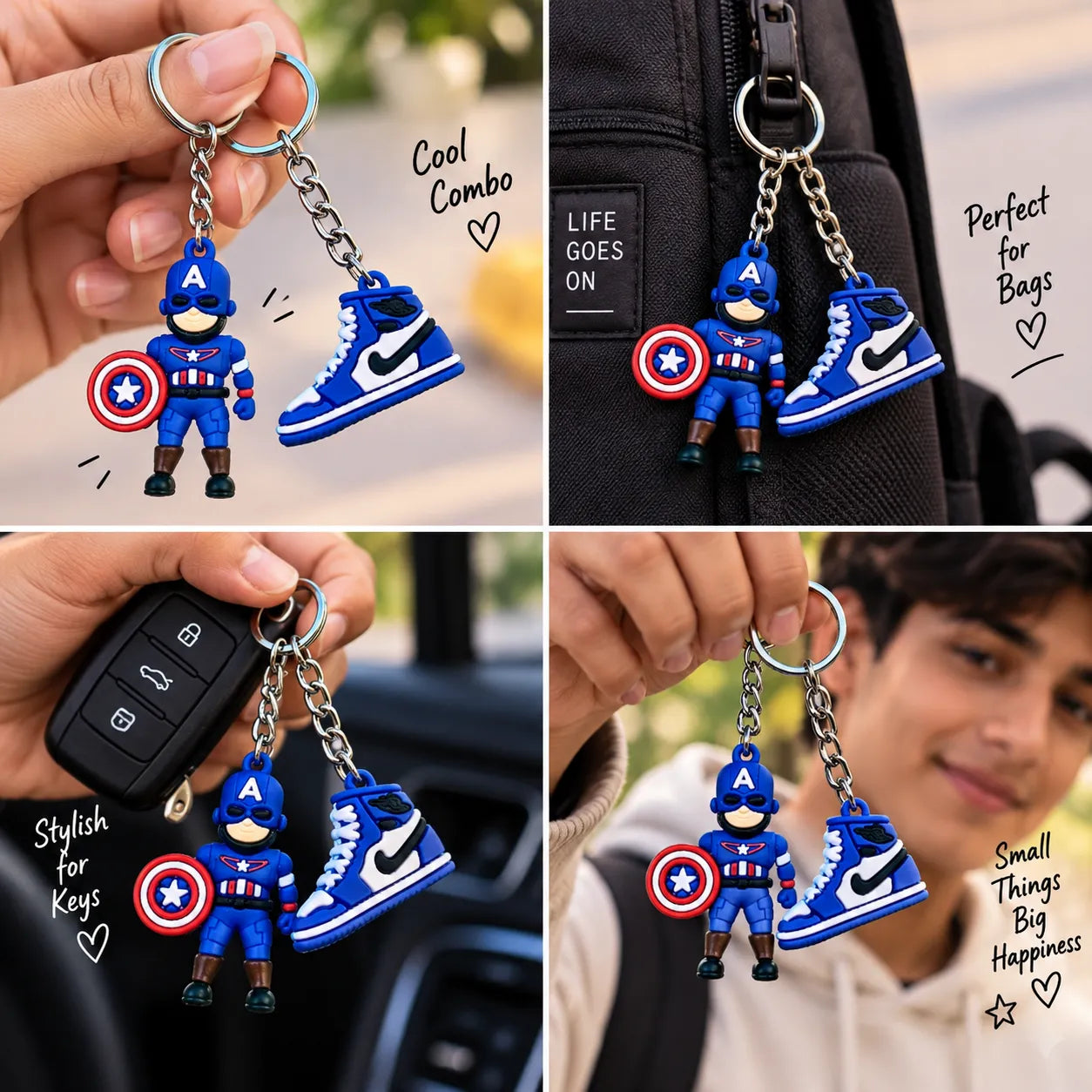 Superhero Figure & Blue Sneaker Keychain Set