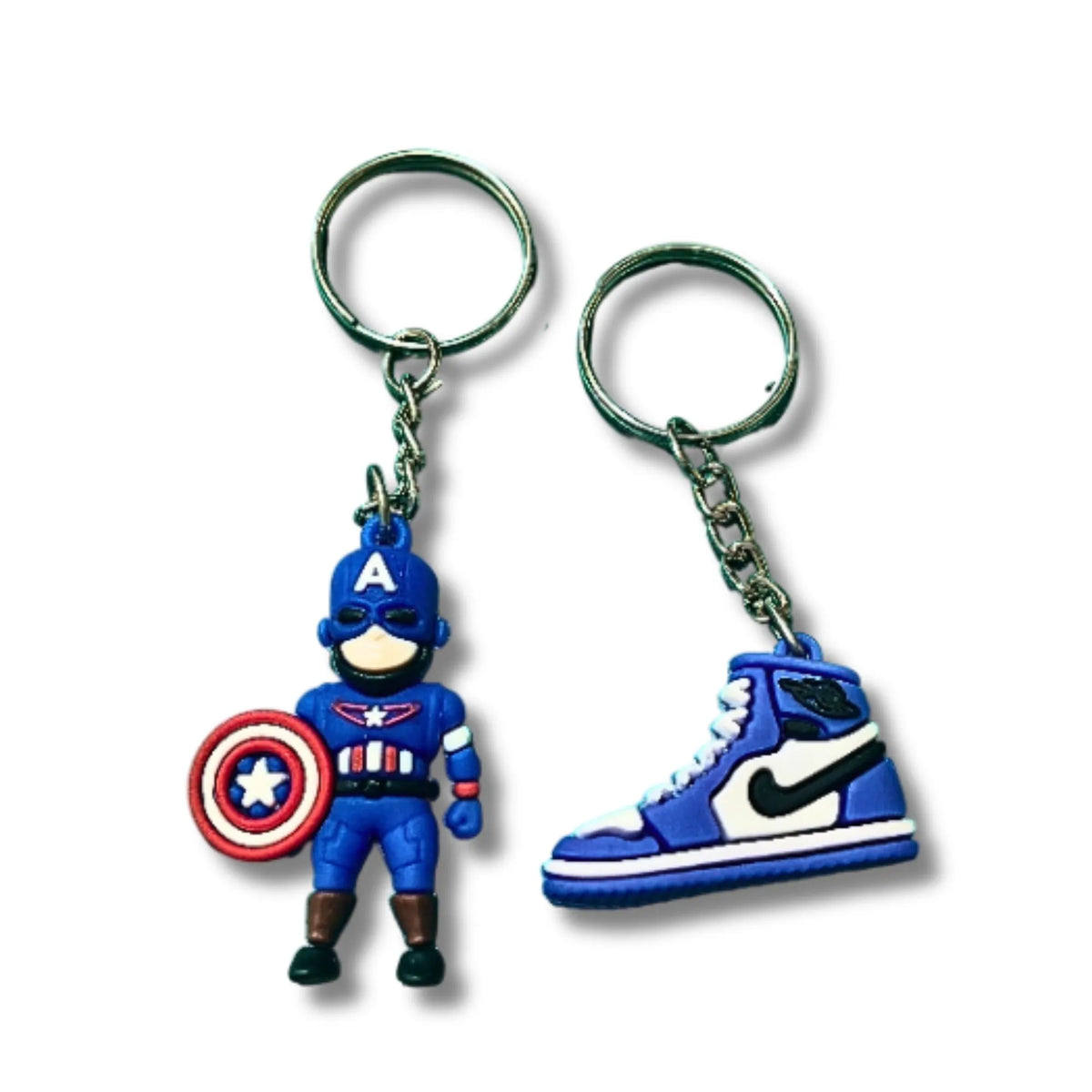 Superhero Figure & Blue Sneaker Keychain Set