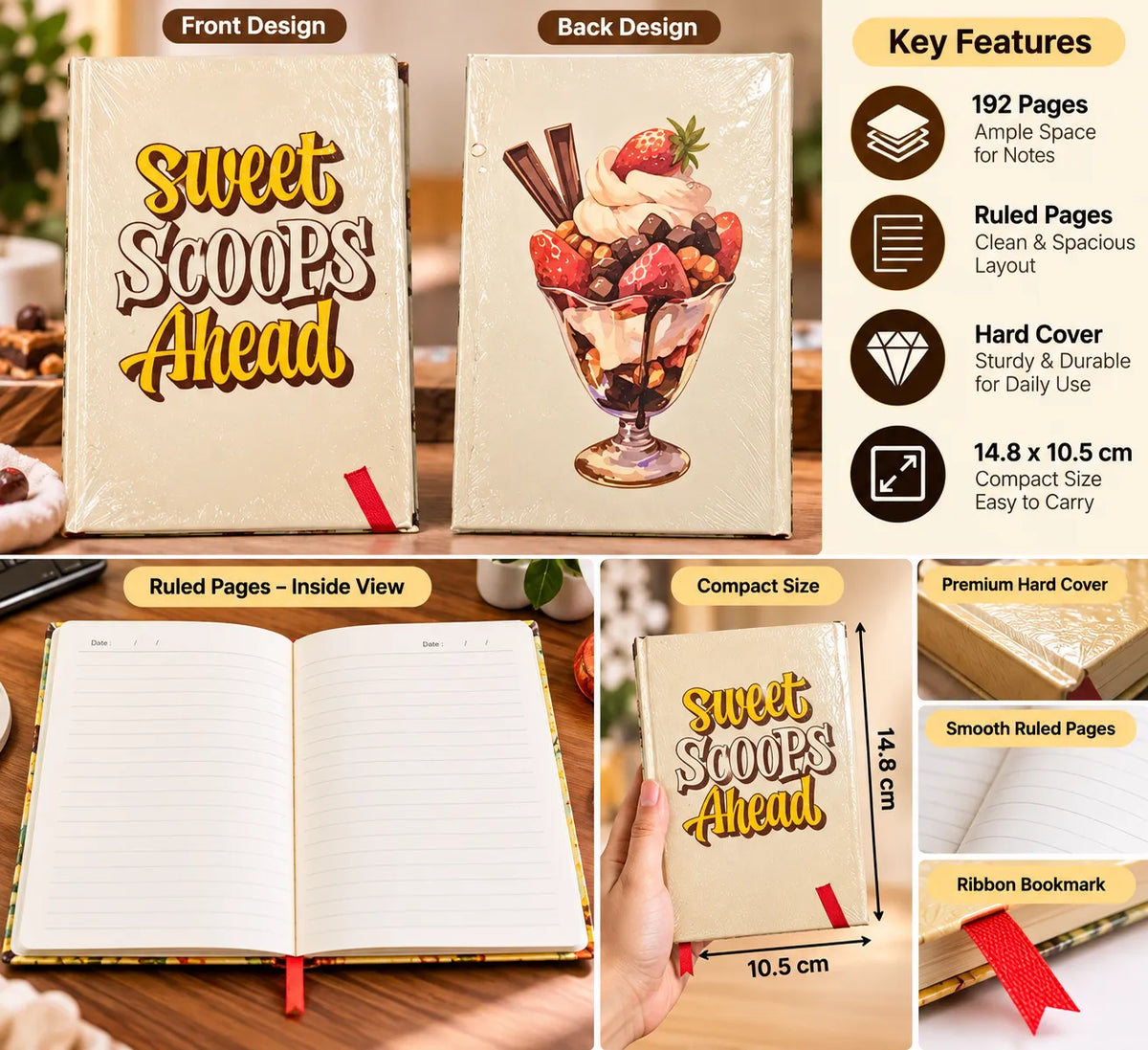 Sweet Scoops Ahead – Dessert Theme Hard Cover Ruled Notebook, 192 Pages, 10.5 × 14.8 cm