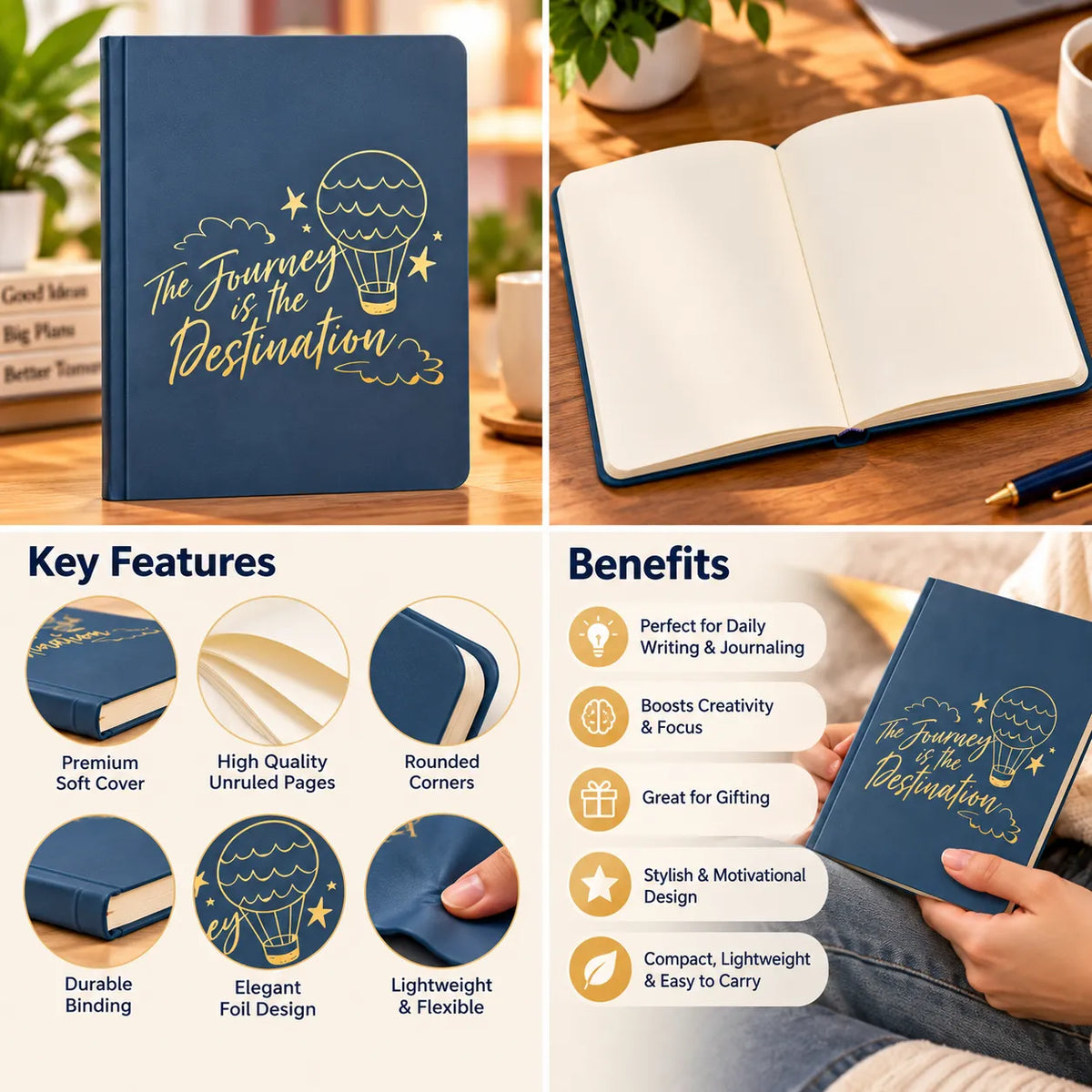 A navy blue hardcover journal with gold foil text reading 'The Journey is the Destination' and a hot air balloon illustration, shown in a collage with open pages, a desk setting, and feature/benefit callouts.