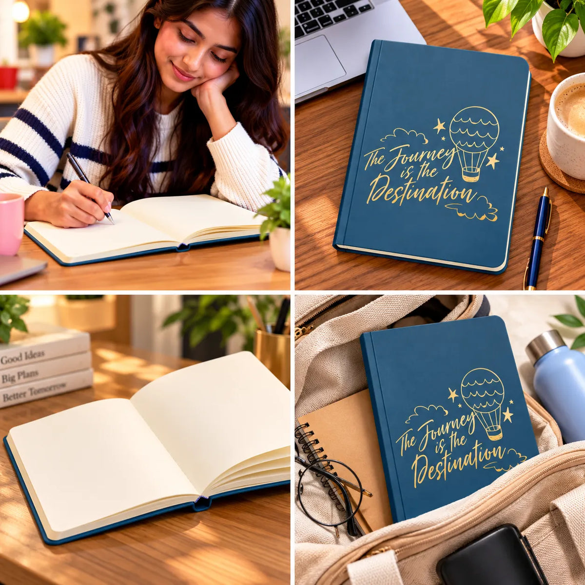 A four-panel collage showing a blue hardcover journal with the phrase “The Journey is the Destination” and a hot air balloon illustration. The journal is shown open on a desk, closed on a wooden table, and inside a bag alongside other accessories.