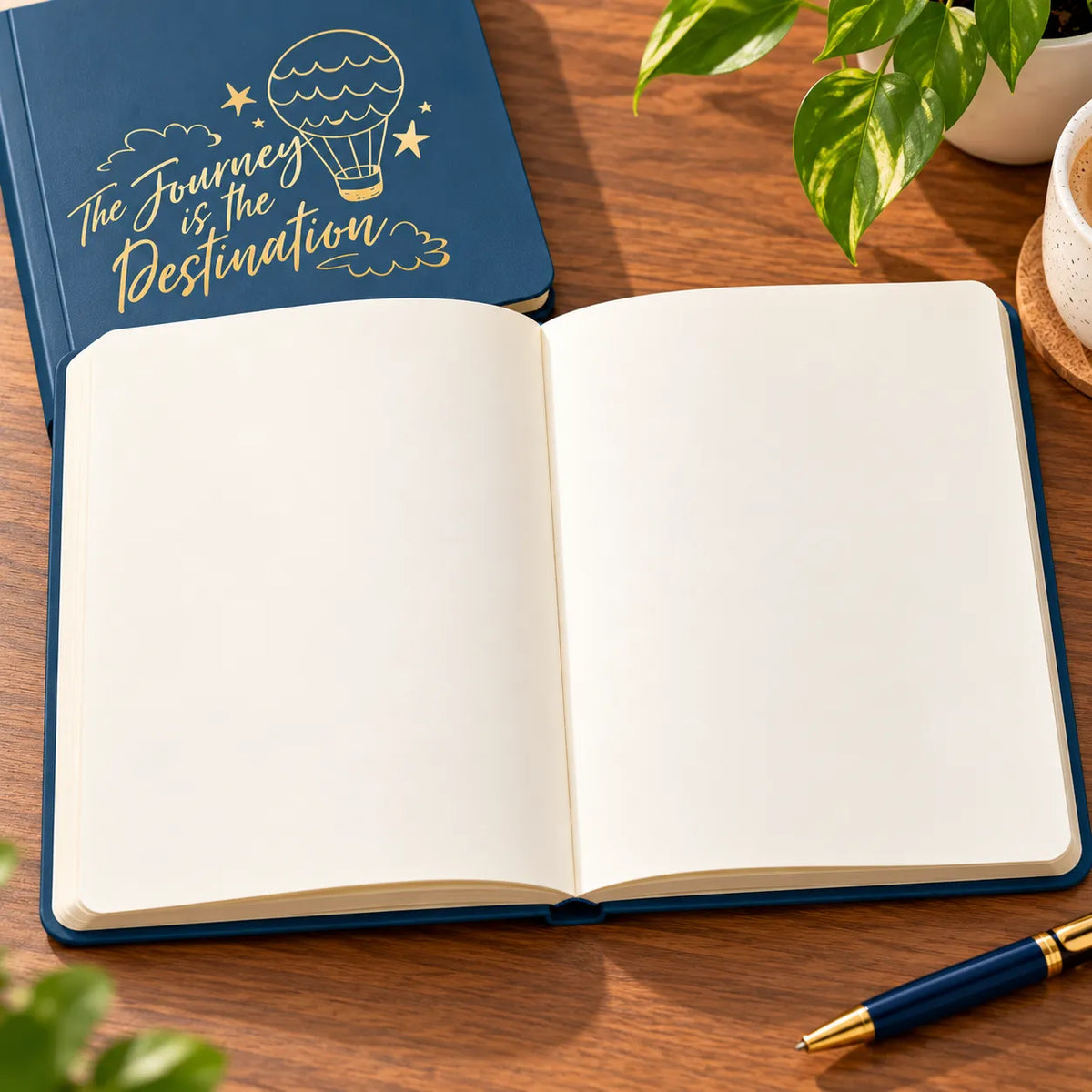 An open blank notebook with cream-colored pages lies on a wooden desk, with its closed navy blue cover visible behind it. The cover features gold foil text reading 'The Journey is the Destination' with a hot air balloon illustration.