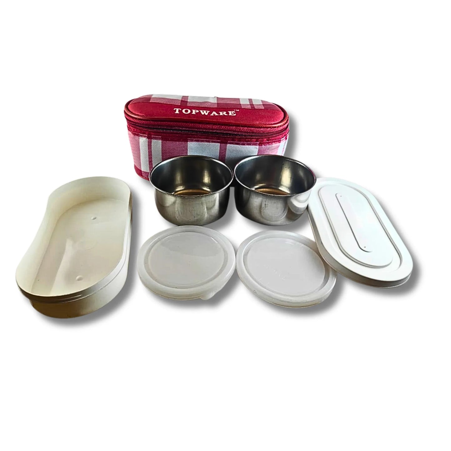Set of stainless steel containers with lids and a checkered lid cover on a white background
