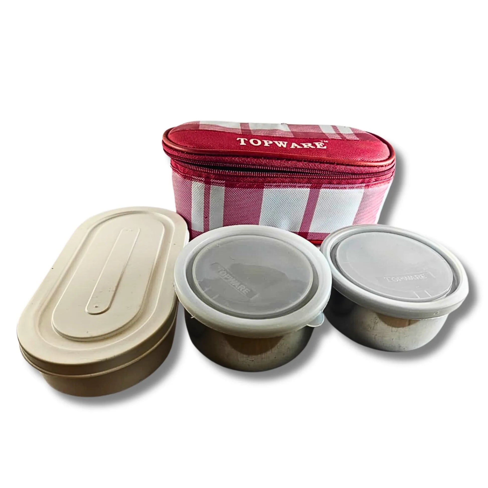 Set of food containers with a red and white checkered bag labeled 'Topware' on a white background