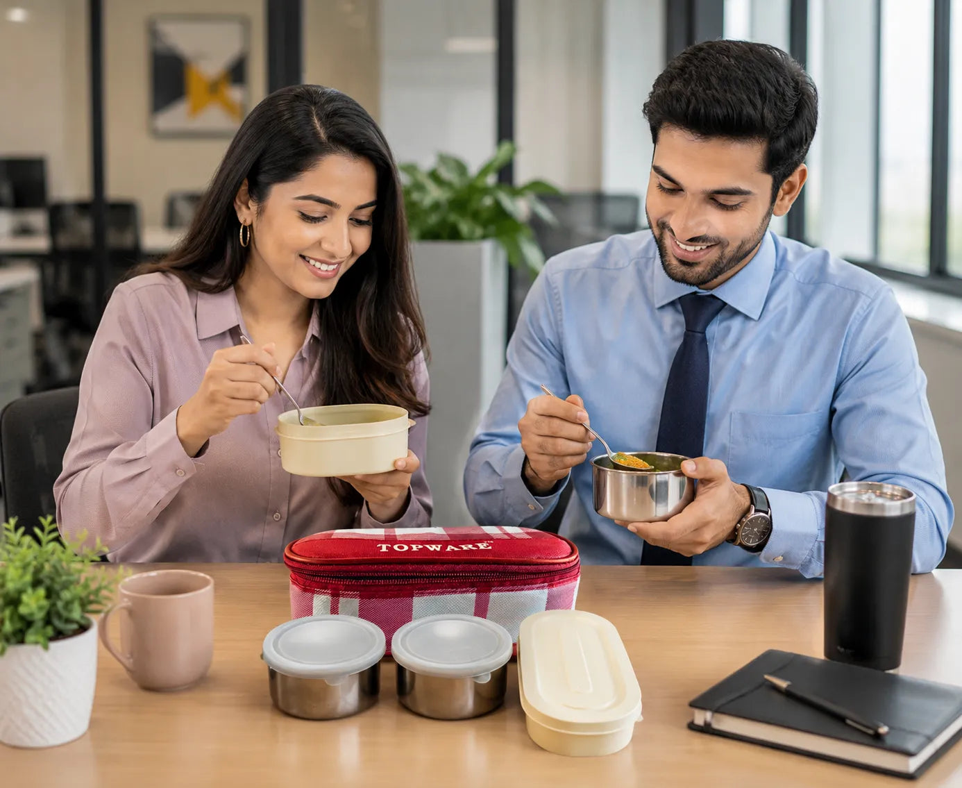Two people eating from metal containers at a desk with a Topware lunch box.