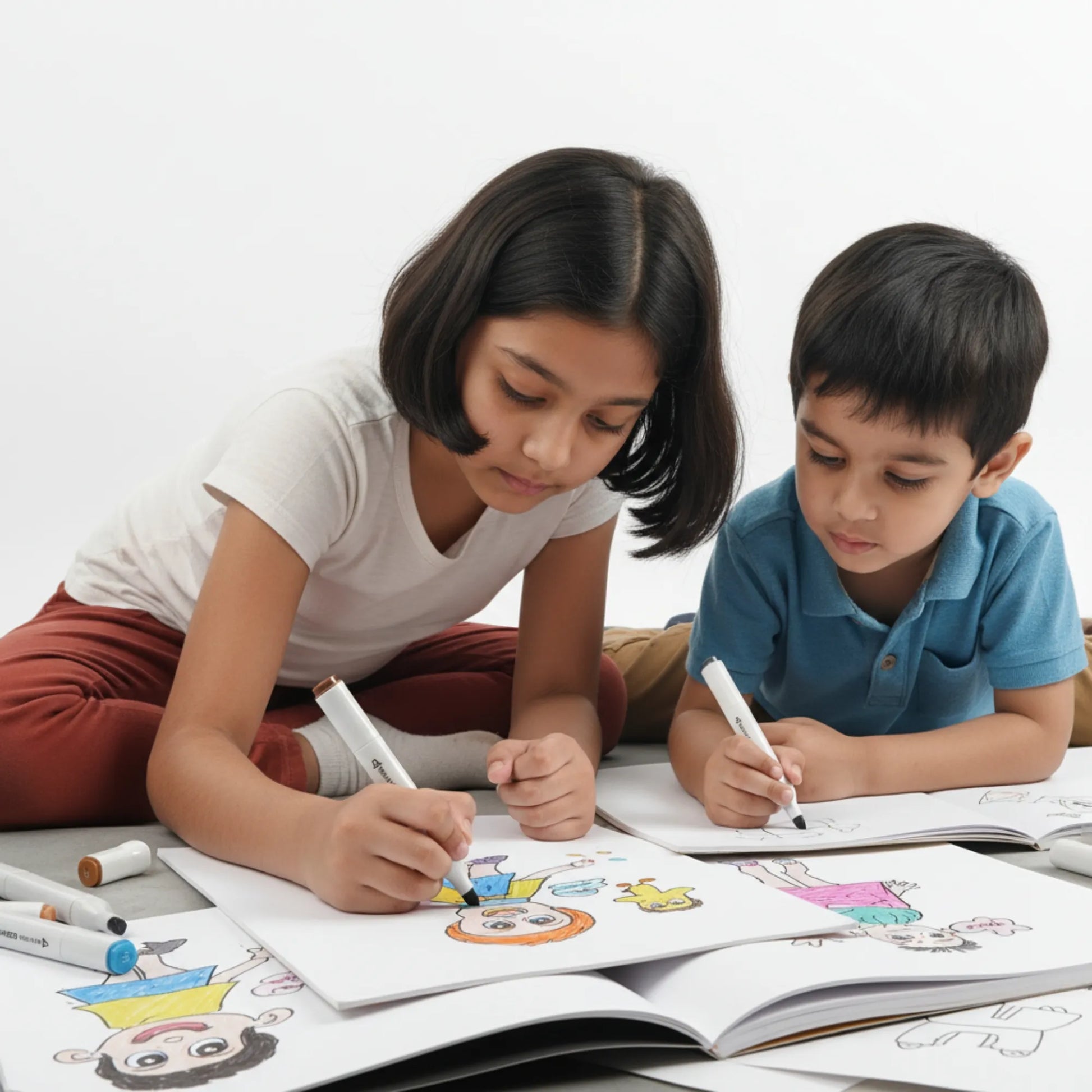Two children coloring in books with markers on a white background