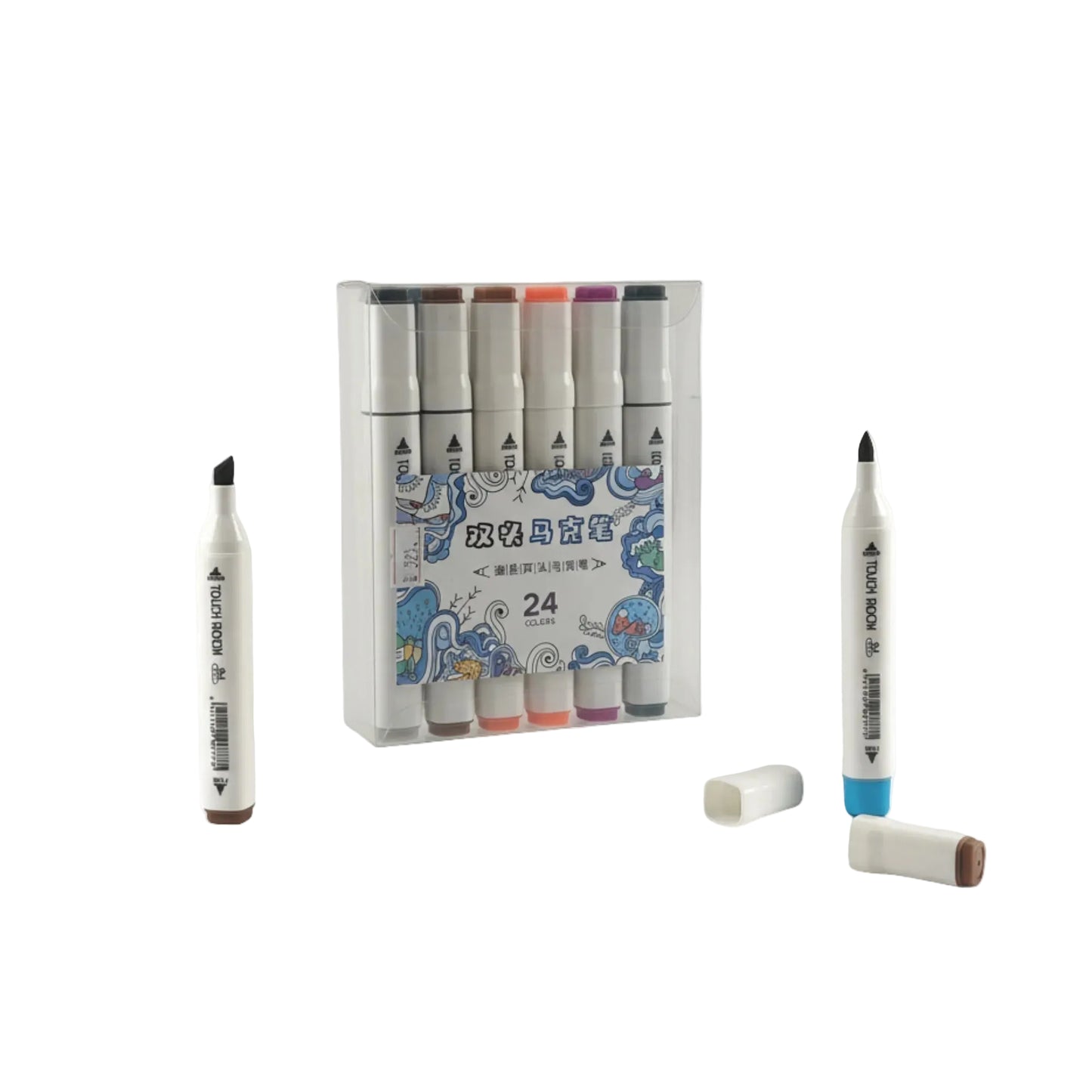 Set of markers with a packaging box on a white background