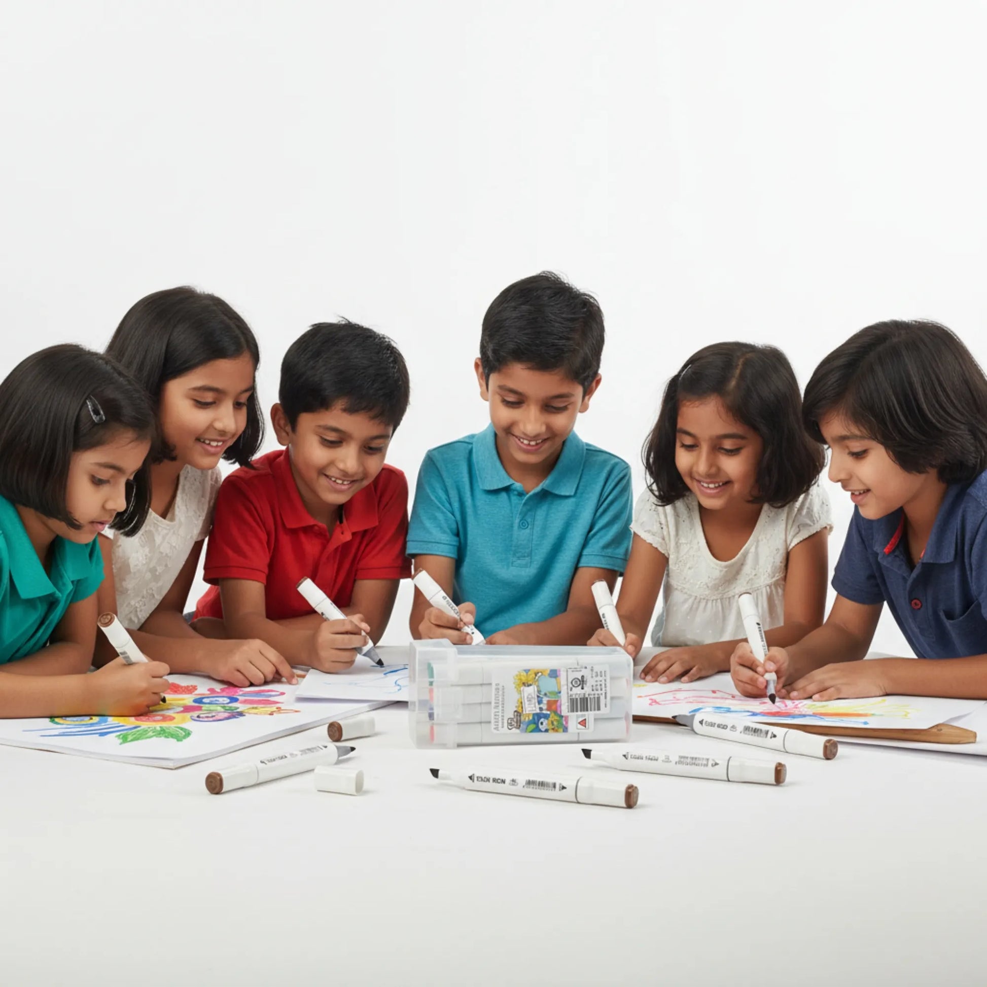 Children sitting around a table with markers and paper, engaged in an activity.