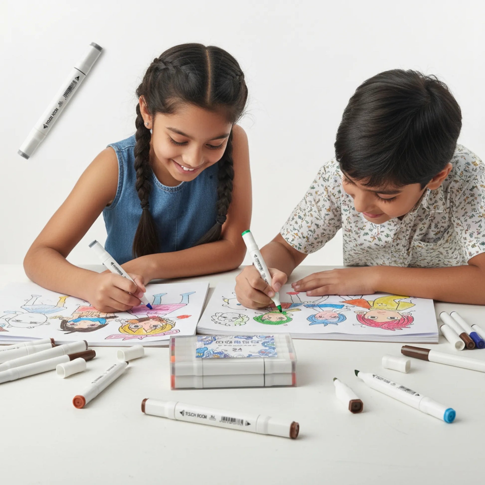 Two children coloring in books with markers on a white table.