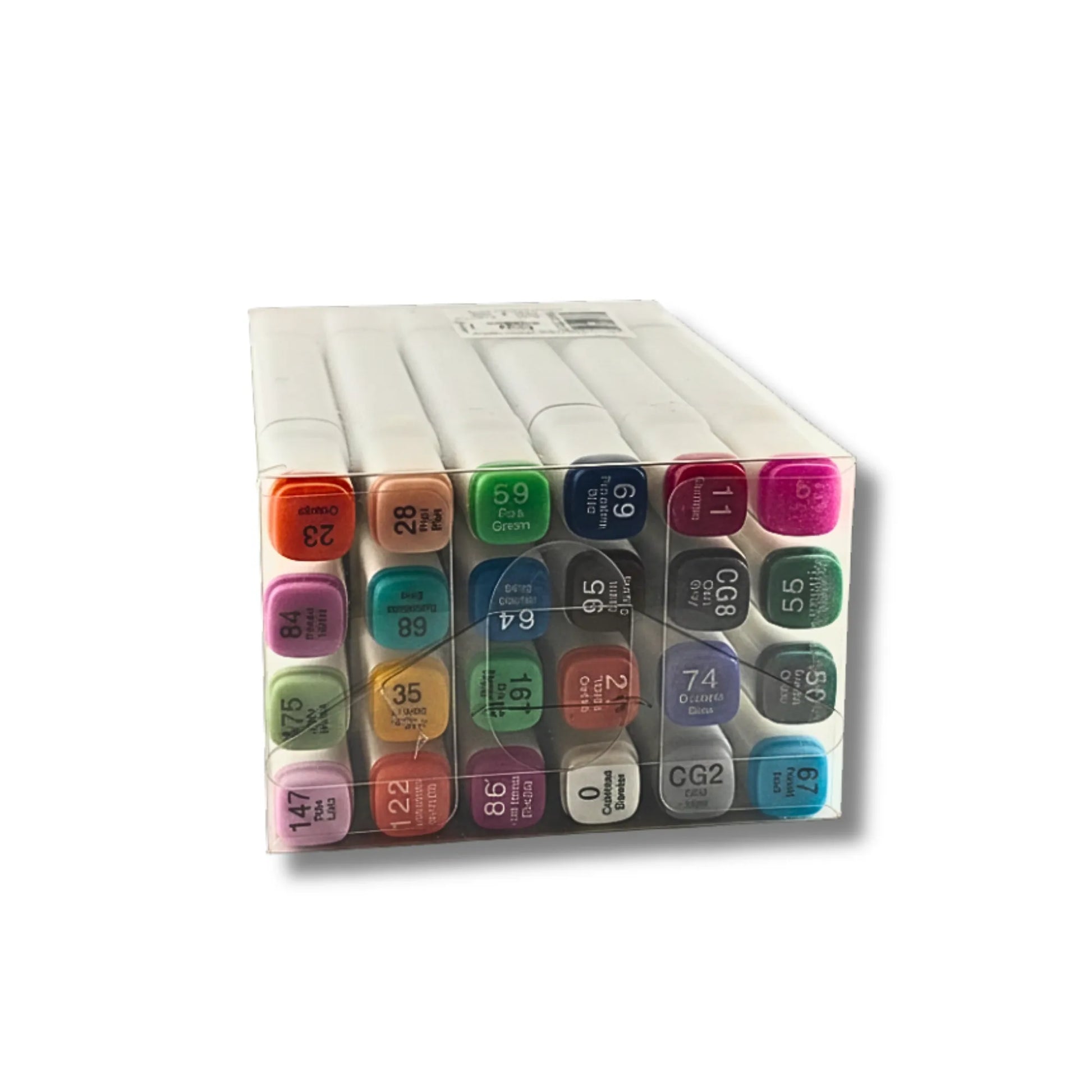 Set of Copic markers with color codes on a white background