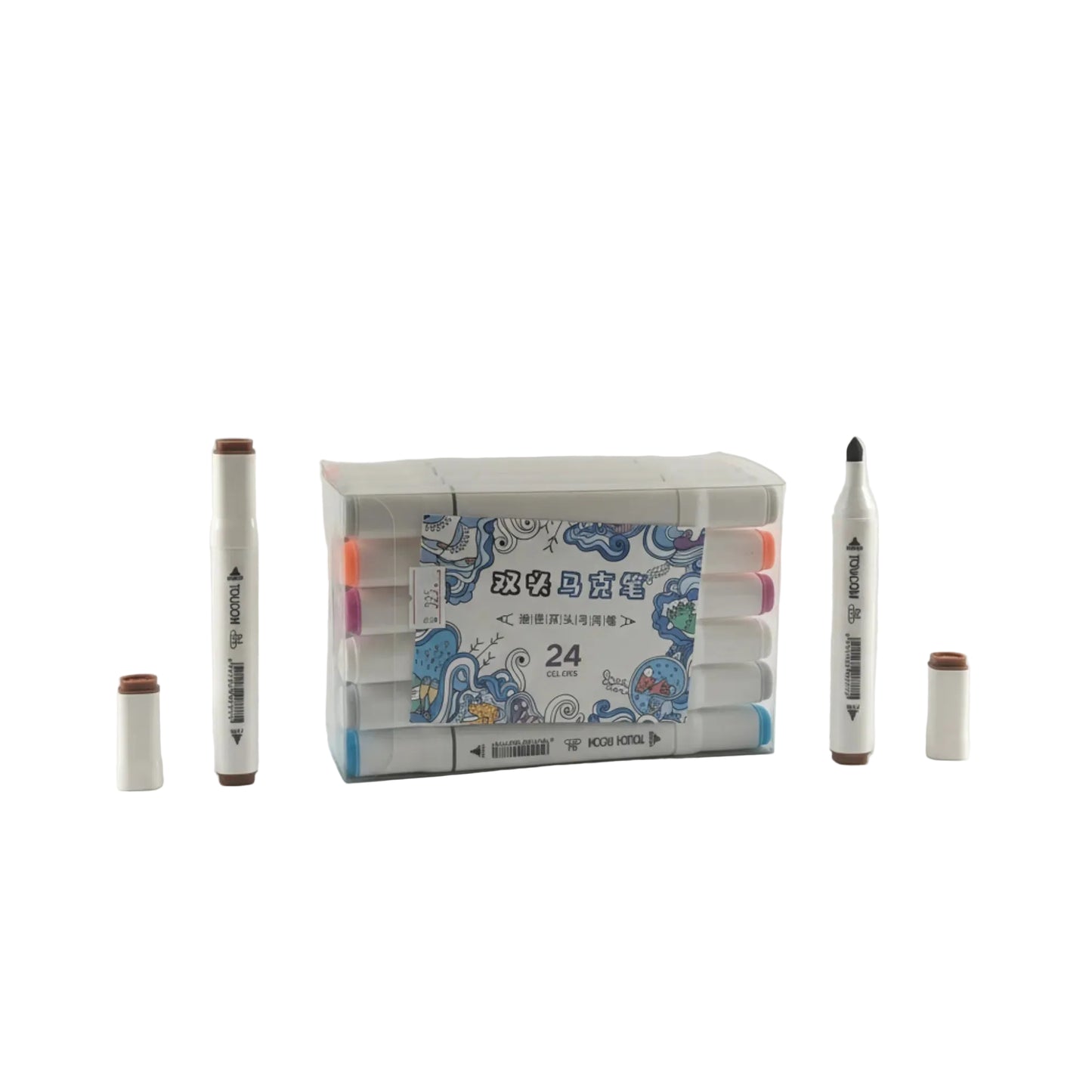 Set of markers with a packaging box on a white background
