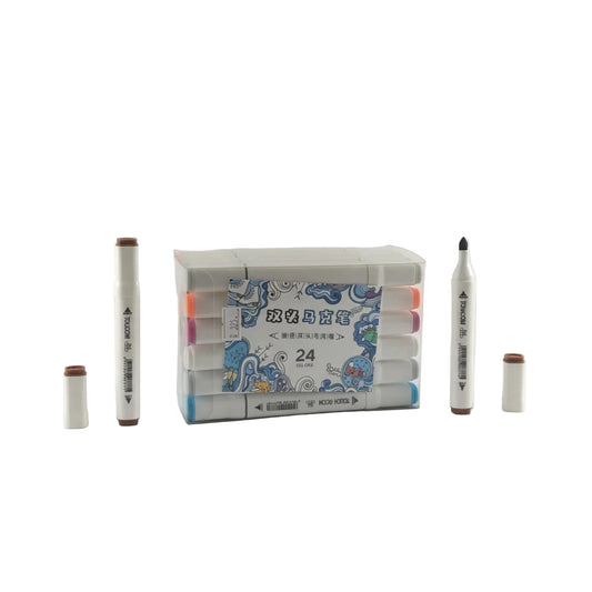 Set of markers with a packaging box on a white background