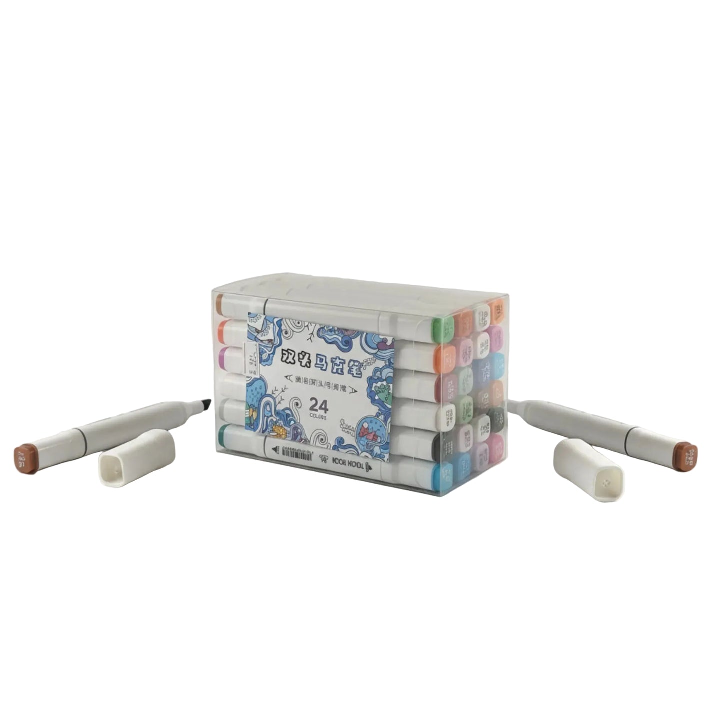 Set of markers with a box on a light gray background
