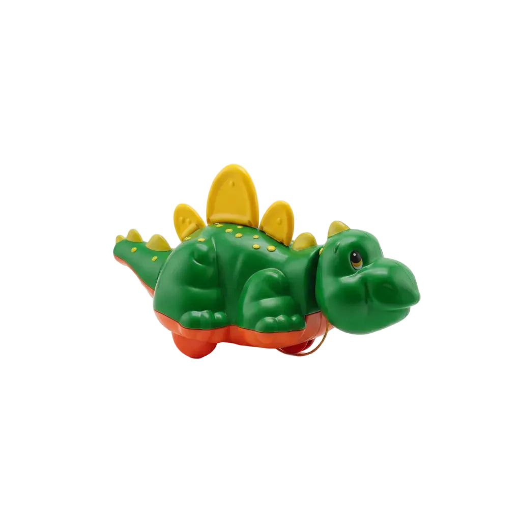 Toy Crocodile with green body, orange belly, and yellow spikes on a white background