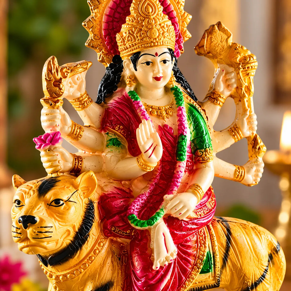 Traditional Maa Durga Murti – 23 cm | Multicolor Durga Idol with Tiger for Home Temple & Décor