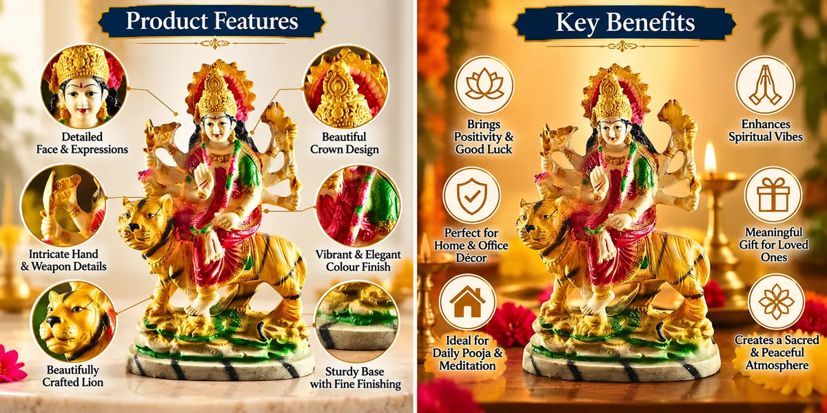 Traditional Maa Durga Murti – 23 cm | Multicolor Durga Idol with Tiger for Home Temple & Décor