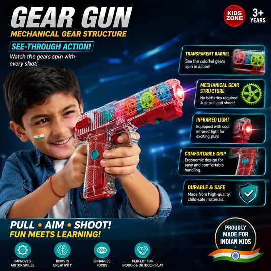 Transparent Gear Gun Toy with Rotating Colorful Gears, LED Lights & Music | Battery Operated Educational Toy for Kids 3+ Years