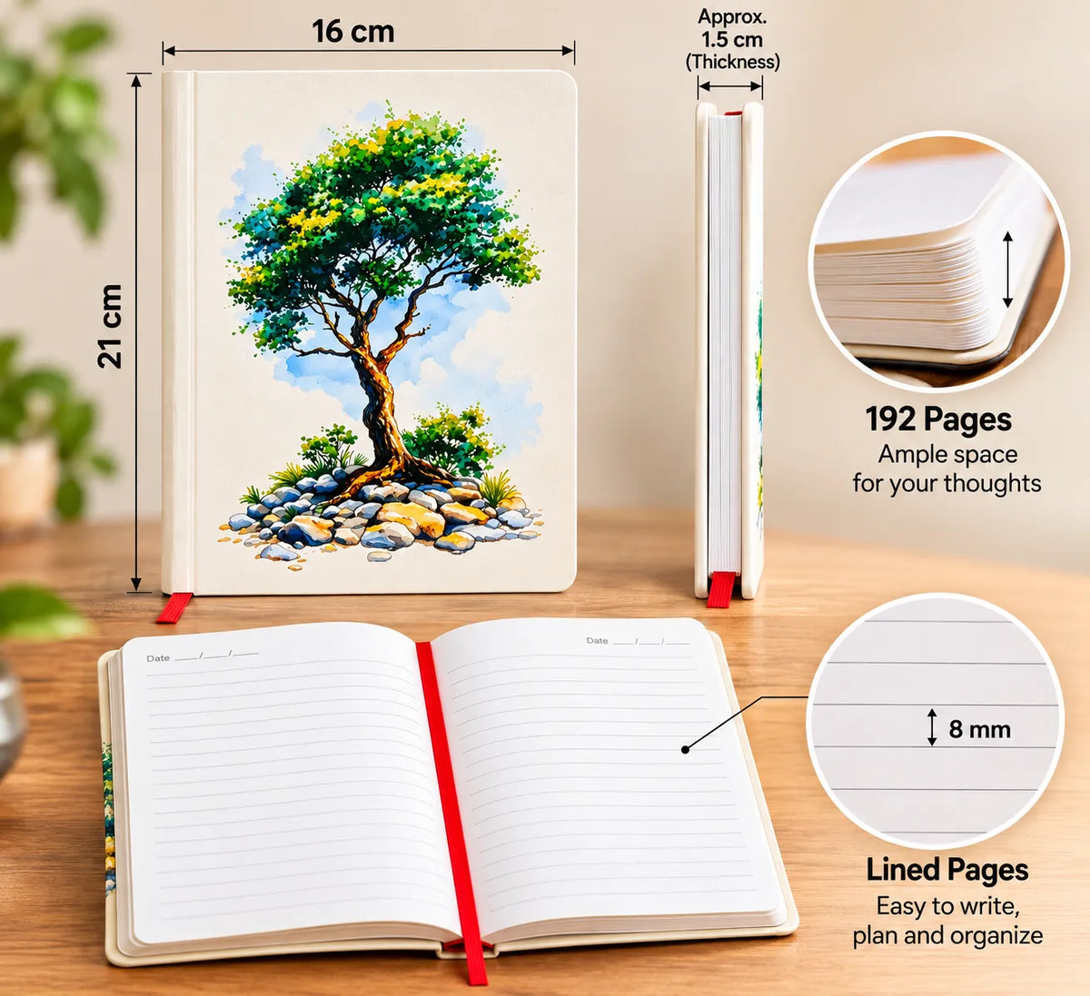 A lined notebook shown in multiple views on a wooden surface, with dimension callouts reading 16 cm by 21 cm and feature callouts for 192 pages, 1.5 cm thickness, and 8 mm lined pages.