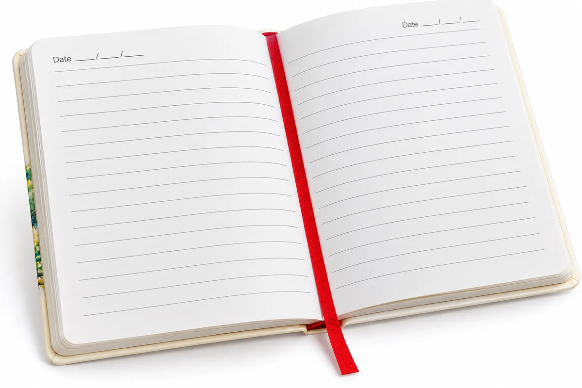 An open lined notebook with blank date fields on both pages, held together by a bright red ribbon bookmark, shown on a clean white background.