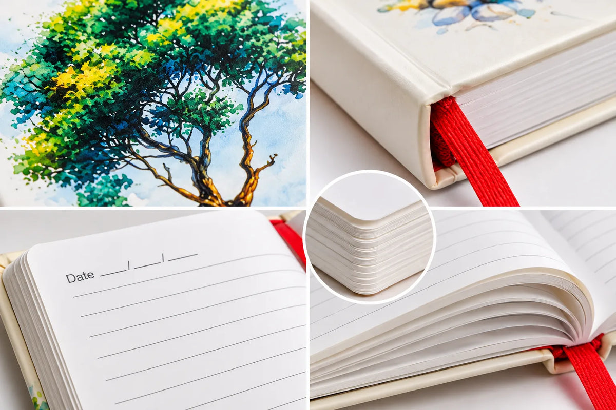 A collage showing a Soft cover journal/notebook: a painted tree artwork on the cover, a close-up of the red ribbon bookmark coming out of the spine, an open lined page with a date line, a circular inset of the thick cream pages, and another open view with the red ribbon bookmark visible.