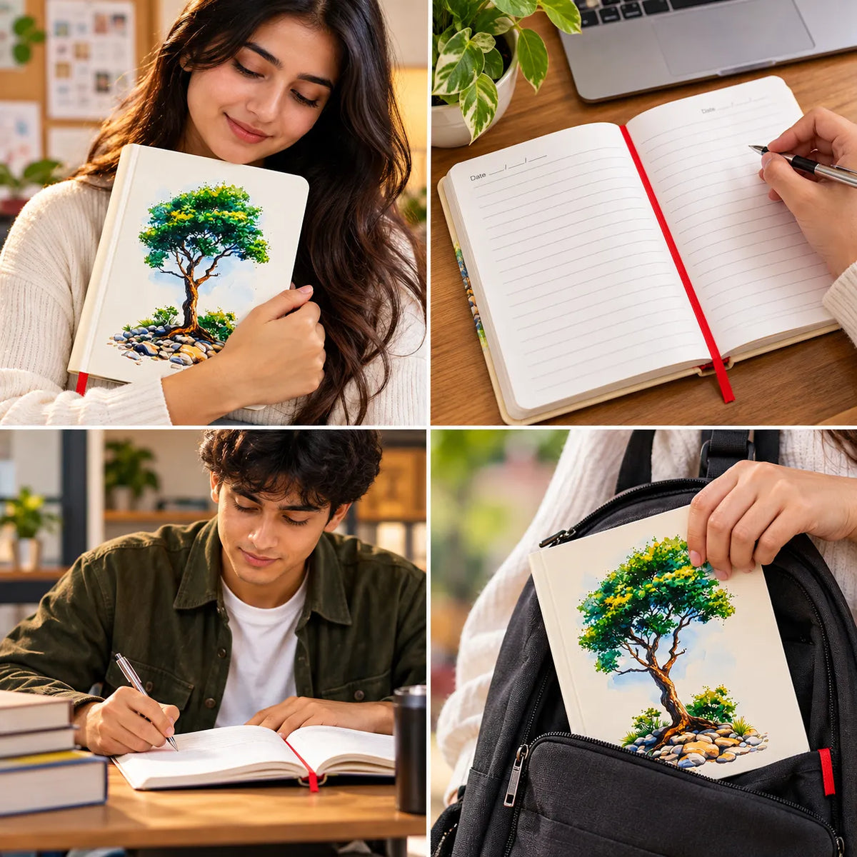 A four-panel collage showing a small sketchbook or notebook with a colorful painted tree being held by different people in study or lifestyle settings. One panel shows the notebook open on a desk with a red bookmark ribbon, another shows it in a backpack pocket, and another shows a hand writing nearby.