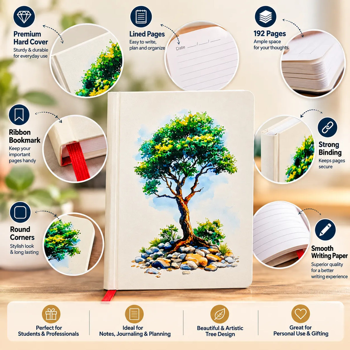 A hardcover journal with a colorful tree illustration on the cover, shown on a tabletop with circular callout overlays highlighting features like premium hard cover, lined pages, ribbon bookmark, strong binding, round corners, and smooth writing paper. Text at the bottom lists use cases such as students, professionals, notes, and gift.