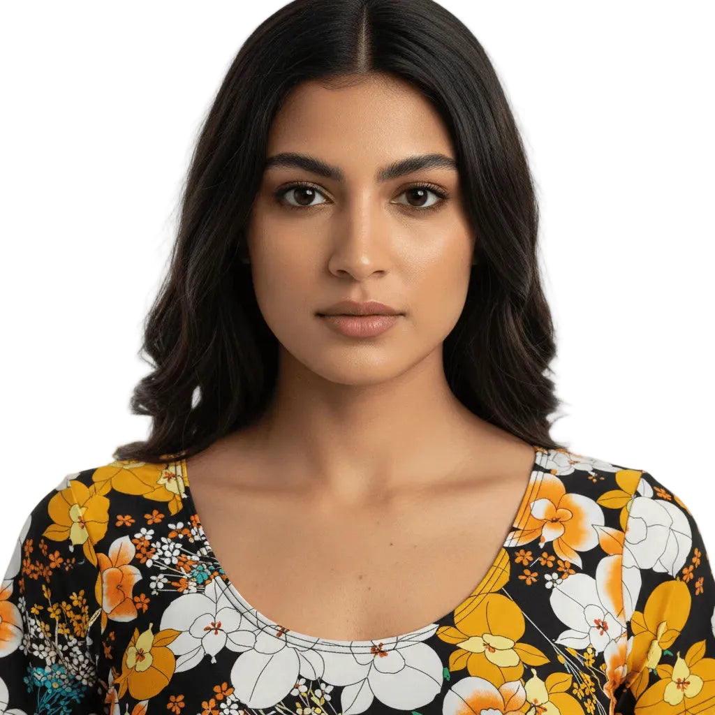 Woman wearing a floral-patterned top on a white background