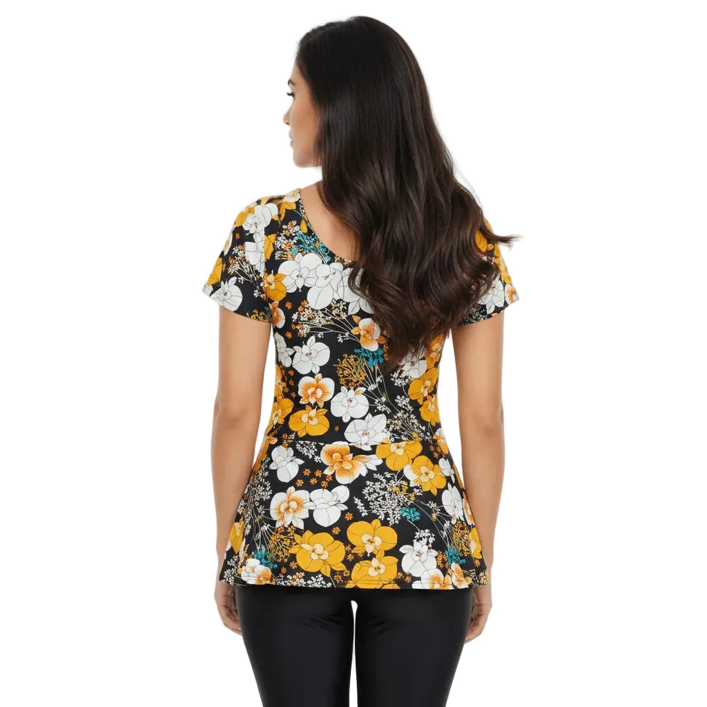 Woman wearing a floral top with black background