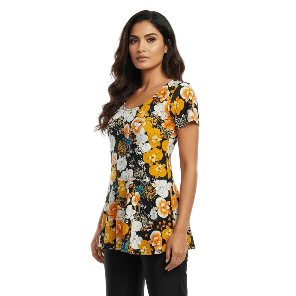 Woman wearing a floral blouse with a white background