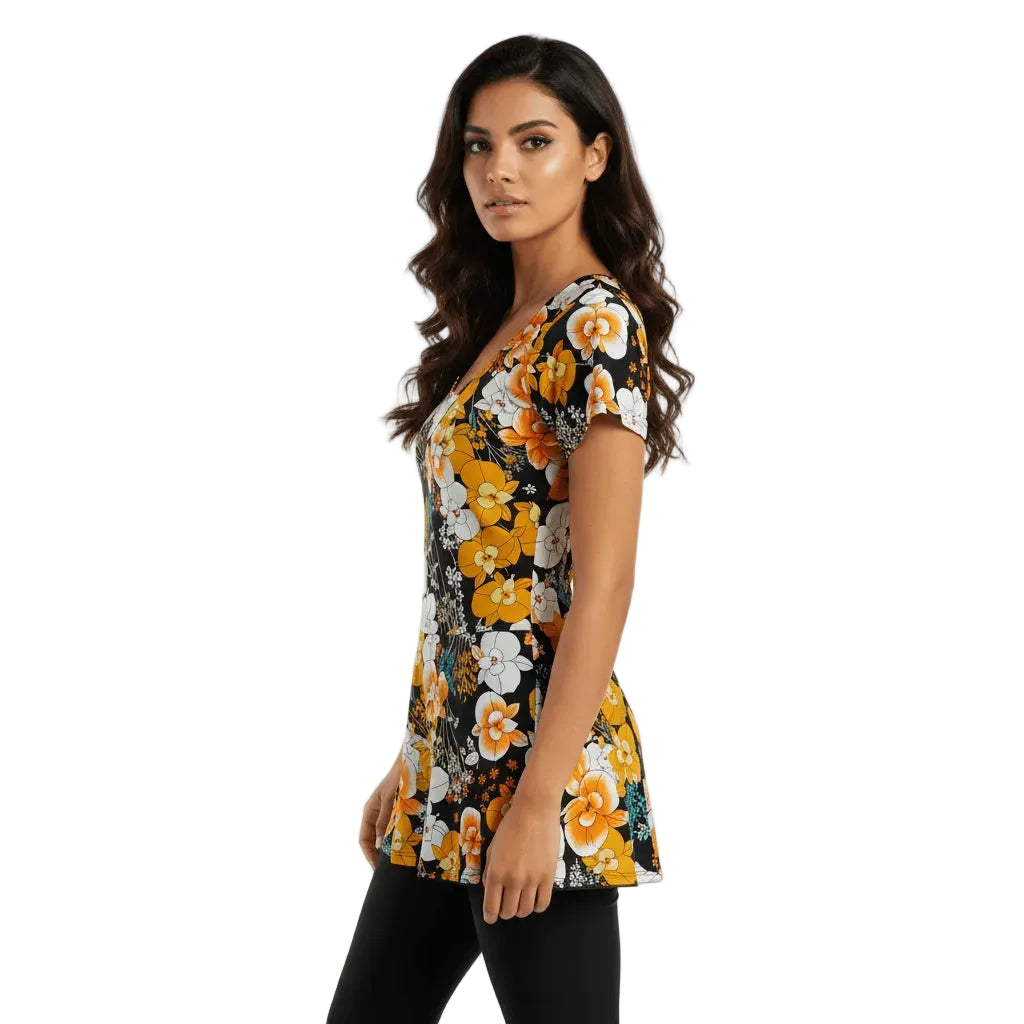 Woman wearing a floral top on a white background