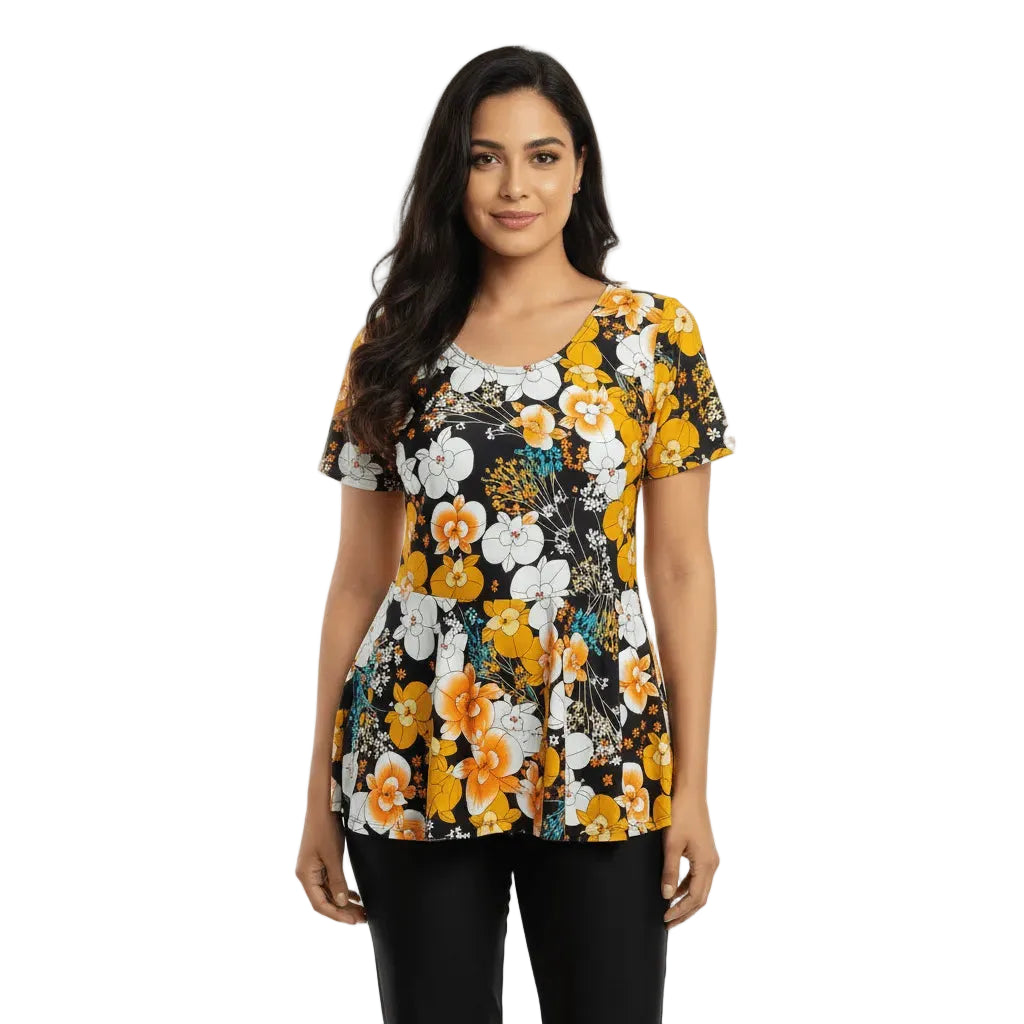 Woman wearing a floral blouse with a white background