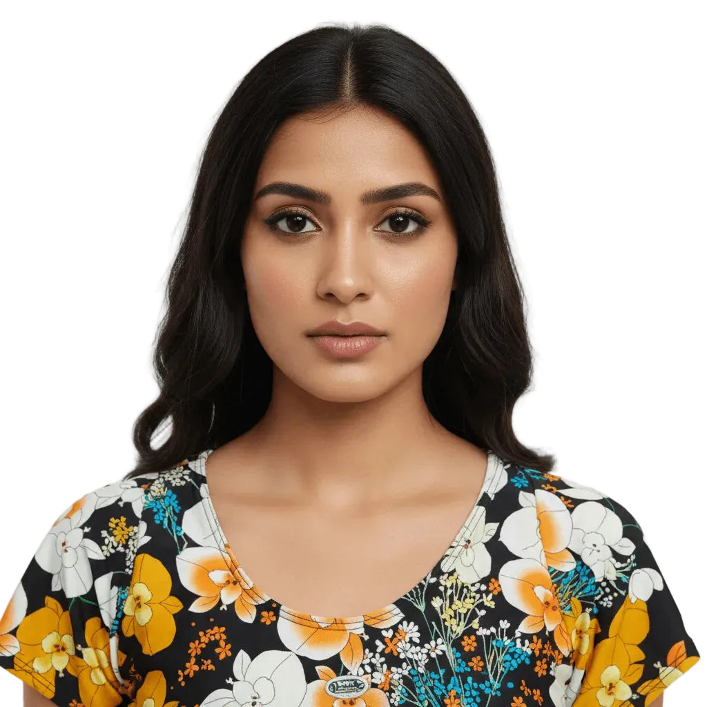 Woman wearing a floral blouse with a plain background