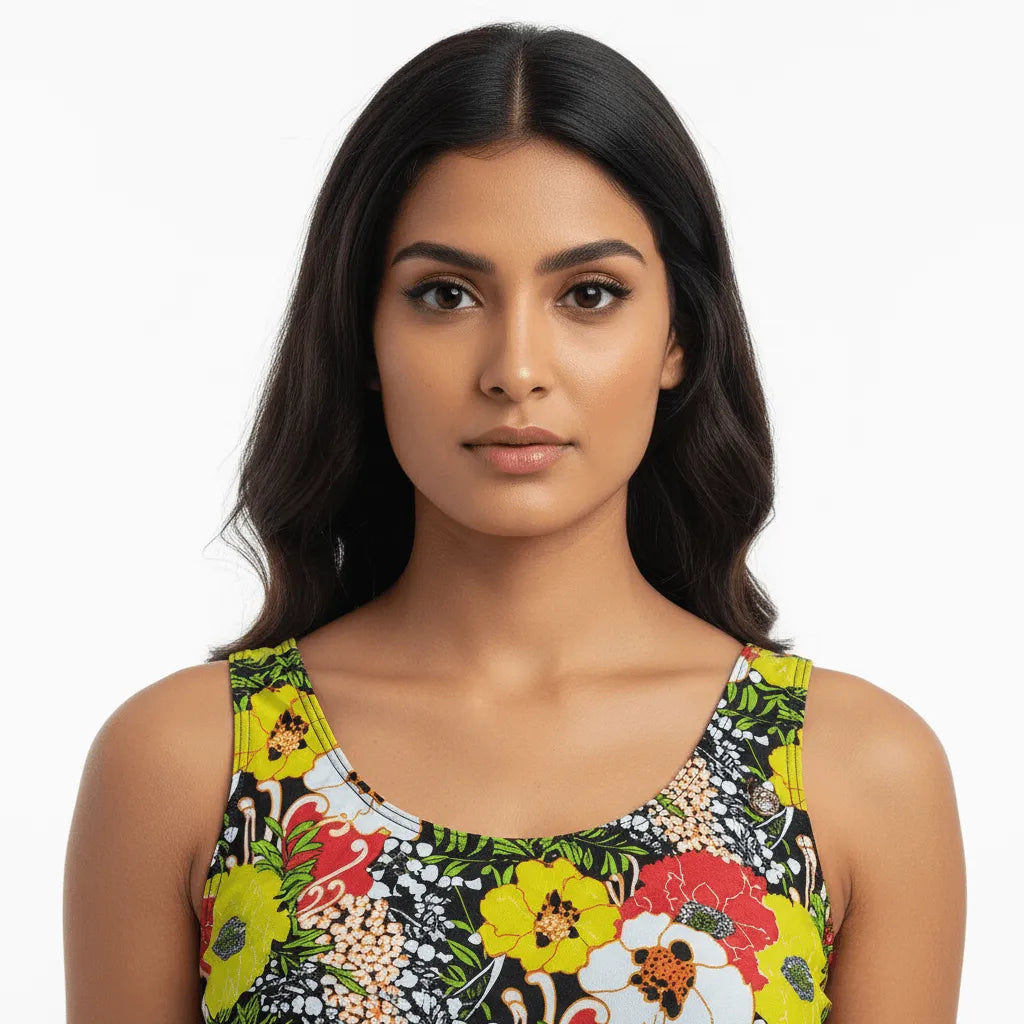 Woman wearing a colorful floral dress on a white background