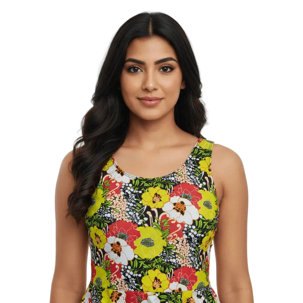 Woman wearing a colorful floral dress on a white background