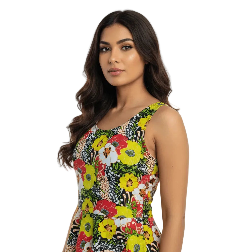 Woman wearing a colorful floral dress on a white background