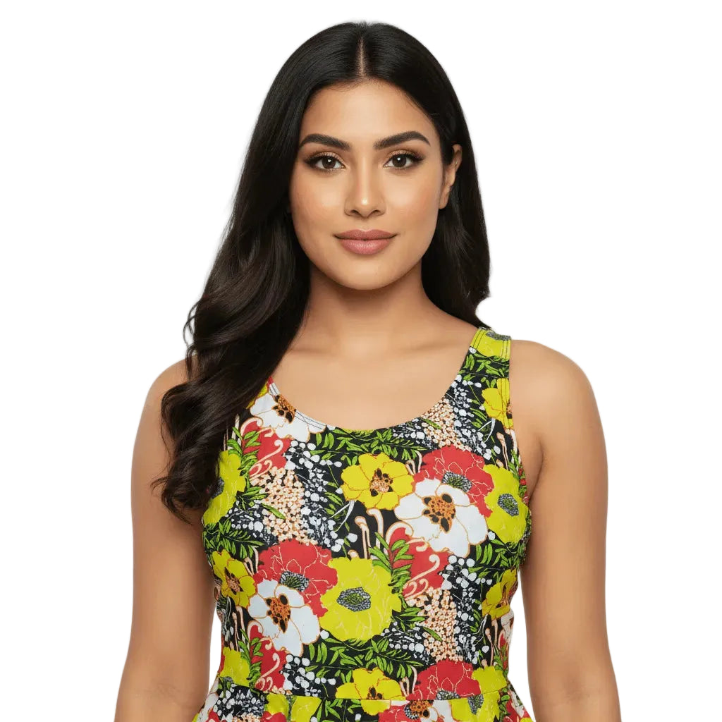 Woman wearing a colorful floral dress on a white background