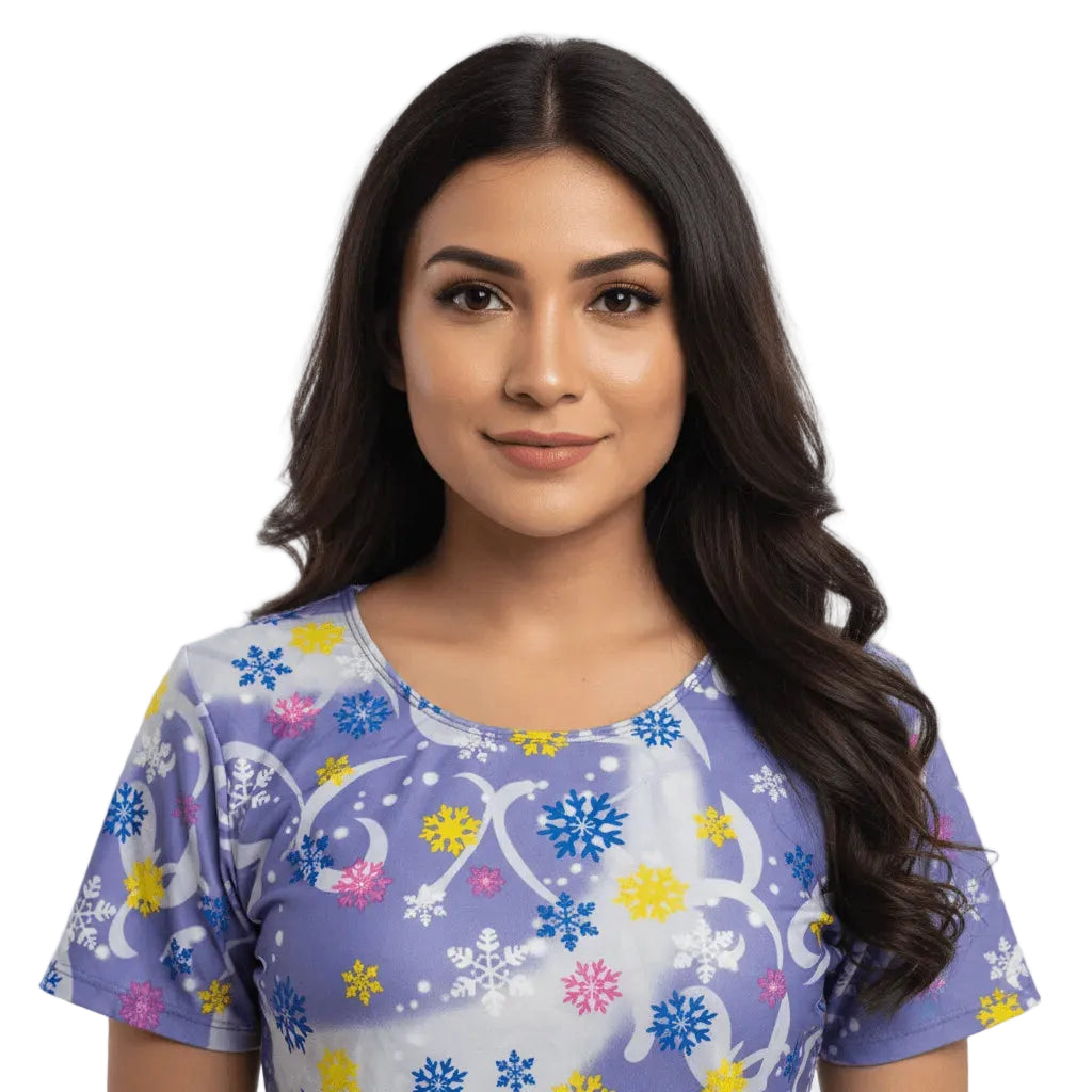 Woman wearing a purple shirt with colorful patterns on a white background