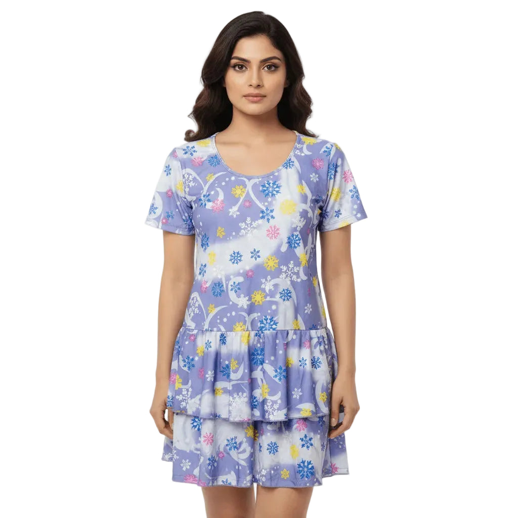 Woman wearing a floral dress with a white background