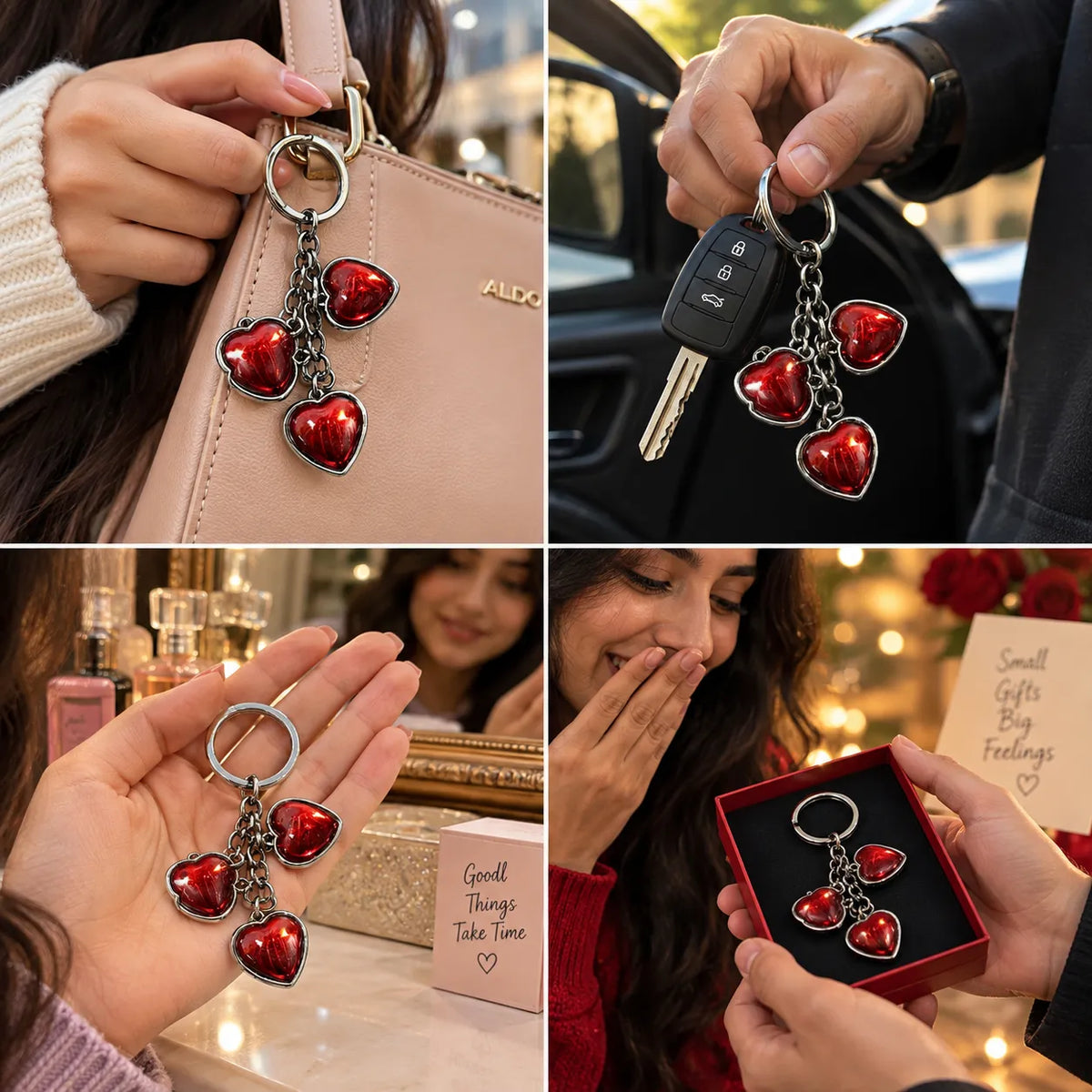 Triple Heart Keychain | Red Heart Metal Key Ring