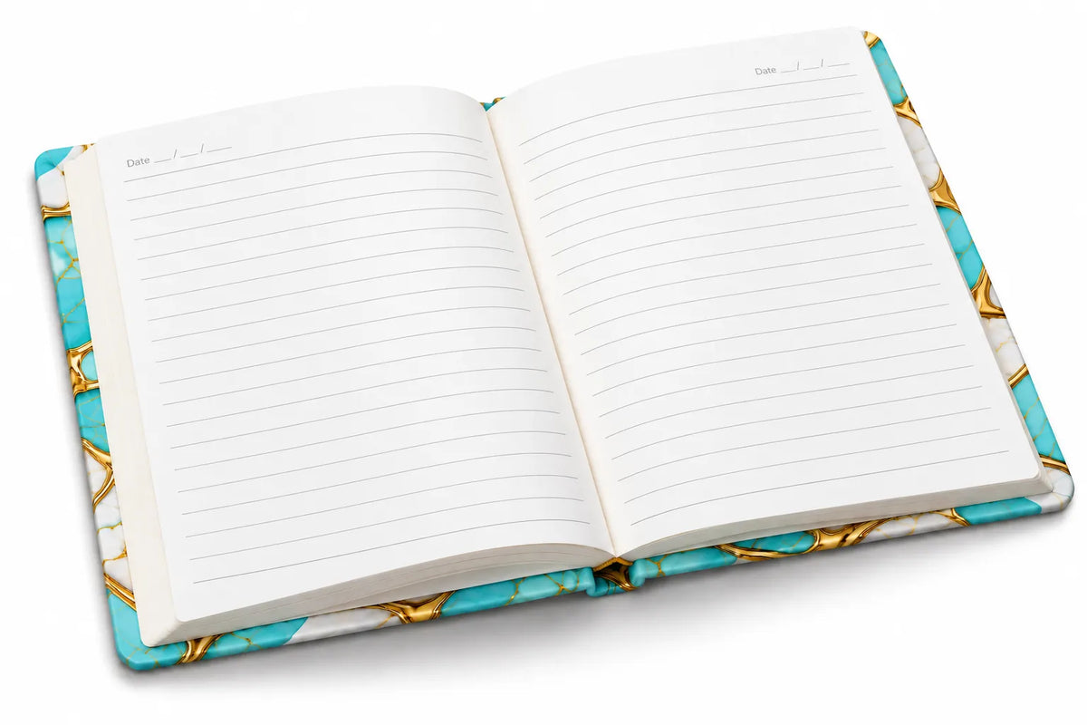An open lined notebook with a turquoise, white, and gold marble-patterned cover, photographed on a clean white background.