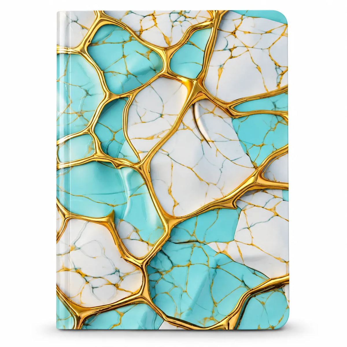 A soft cover notebook or journal with a glossy abstract marble pattern featuring light blue, white, and metallic gold veins, shown on a clean white background.