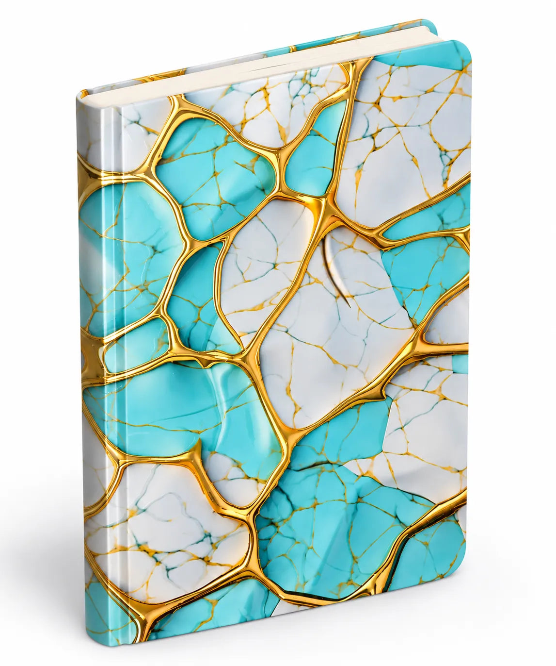 A Soft cover notebook with a glossy, abstract marble-like pattern featuring turquoise blue, white, and metallic gold veins, shown on a clean white background.