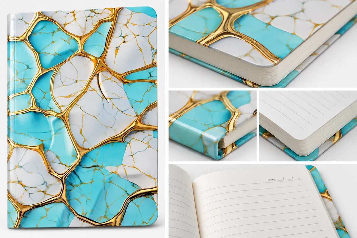 A notebook with a glossy turquoise, white, and gold marble-like patterned cover, shown in multiple views including closed, open, and angled close-ups on a clean white background.