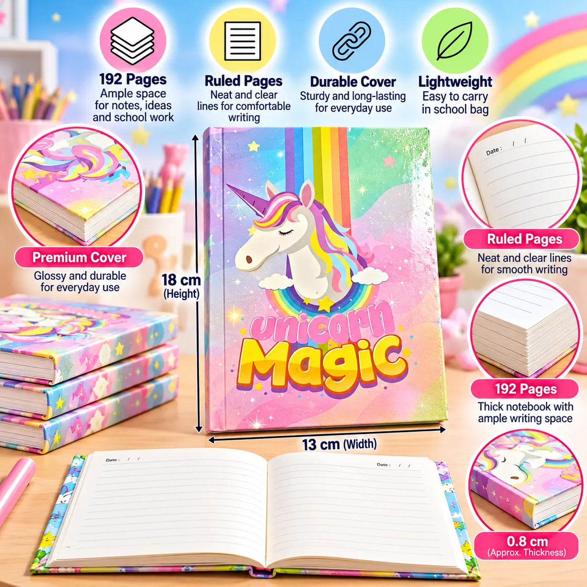 Unicorn Magic Notebook for Kids – 13×18 cm, 192 Pages