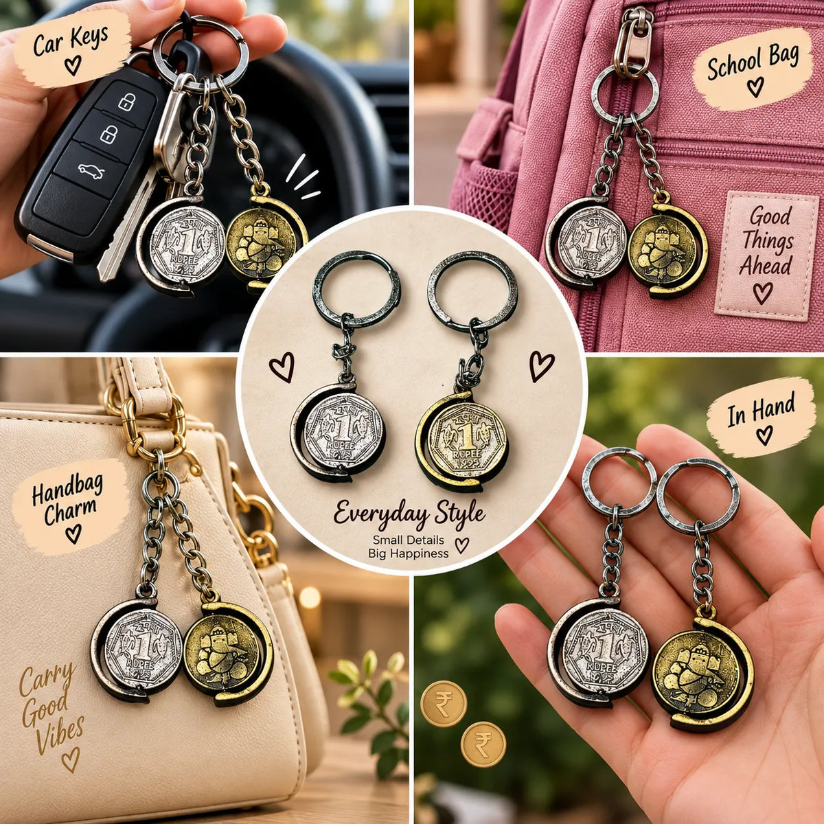 A collage showing a coin-style keychain charm in multiple lifestyle contexts: attached to car keys, a pink school bag, a beige handbag, and held in a hand. The product consists of two round coin charms in silver and gold-tone finishes with chain links and a key ring, plus small decorative elements.