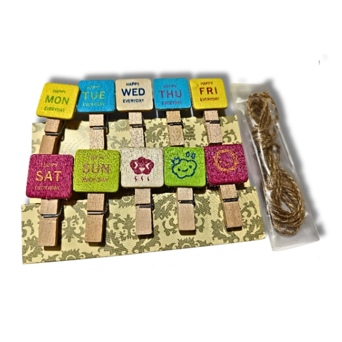 Saadhya Kraafts 10 piece colourful weekly planner wooden clips with jute twine for notes, reminders, photos and DIY display