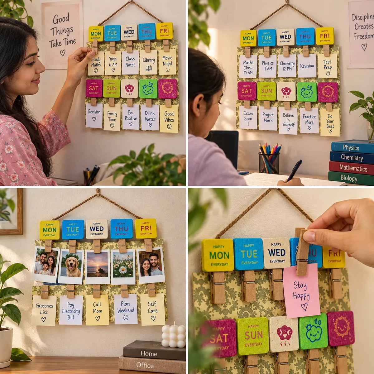 A four-panel collage showing a wall-mounted wooden pegboard with colorful daily and weekly sticky notes, clips holding small photos, and a hand adding a note. The board includes headers for Monday through Friday, Saturday through Sunday, and color-coded days in blue, yellow, and pink.