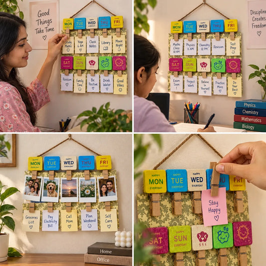 A four-panel collage showing a wall-mounted wooden pegboard with colorful daily and weekly sticky notes, clips holding small photos, and a hand adding a note. The board includes headers for Monday through Friday, Saturday through Sunday, and color-coded days in blue, yellow, and pink.